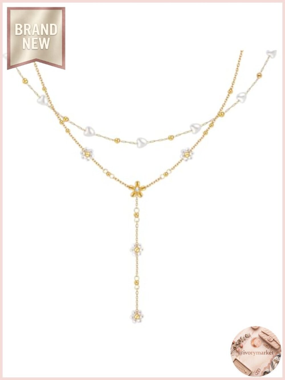 Layered Pearl Necklace Set 18K Gold Plated Women 2Pcs Daisy Heart